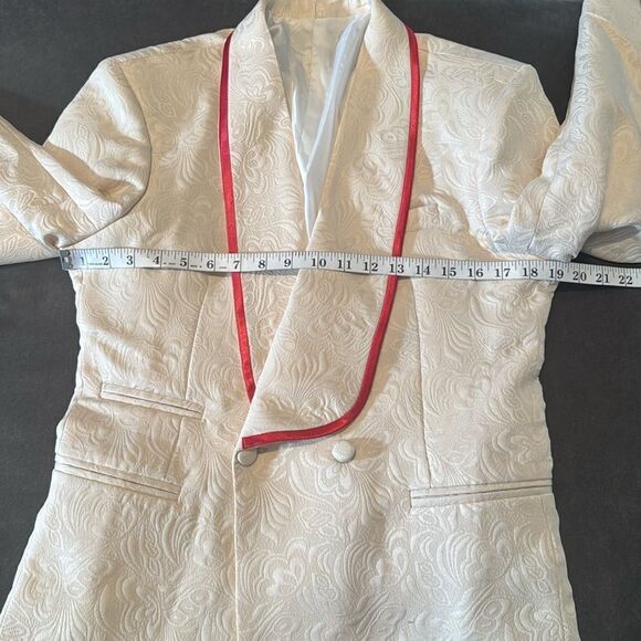 Men’s Floral Cream 2 Piece Tuxedo Suit Shawl Lapel Red Trim 34 Jacket 31 Pants - Picture 7 of 12